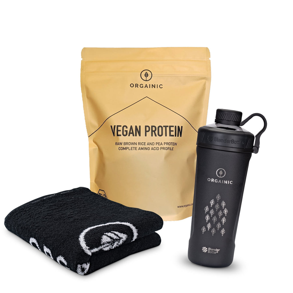 ORGAINIC Vegan Bundle bestehend aus Proteinpulver und Fitnesshandtuch und Shaker